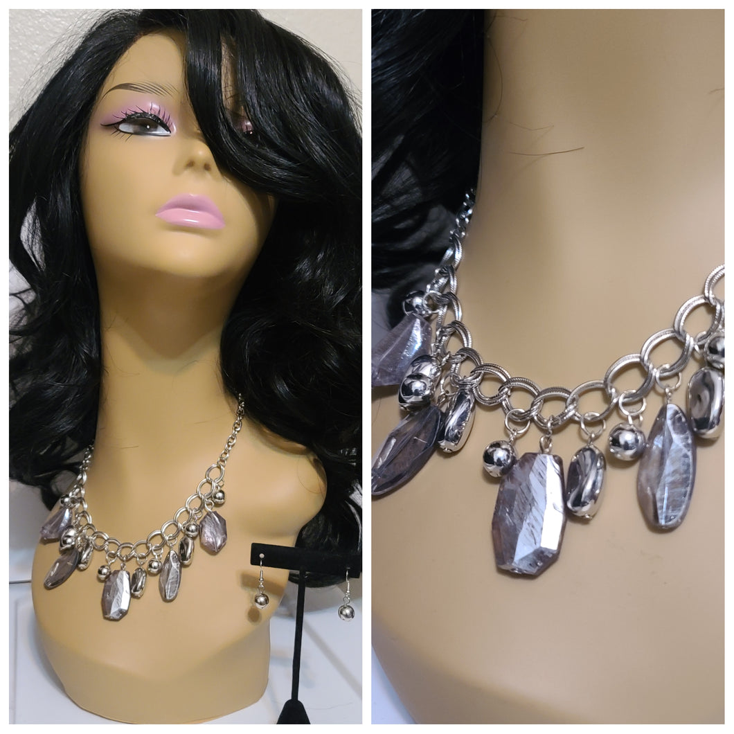 Silver and Gray Stone Necklace Set