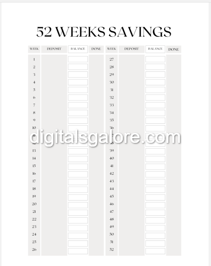 52 Week Savings Plan Digital Worksheets