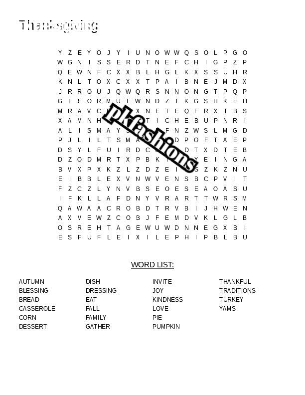 Thanksgiving Word Search Printable Page